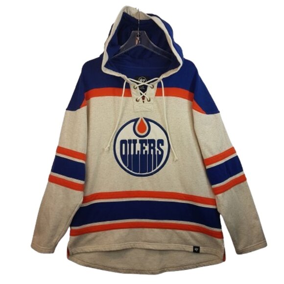 NHL 47 Edmonton Oilers Vintage Lacer Hoodie Pullover Large US L Oatmeal Hockey - Picture 16 of 16